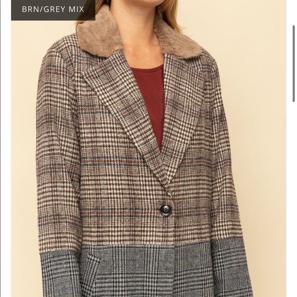 🆕 Mystree-Buckle Trench Coat Plaid Dark Academia Colorblock Faux Fur Collar - Picture 7 of 16